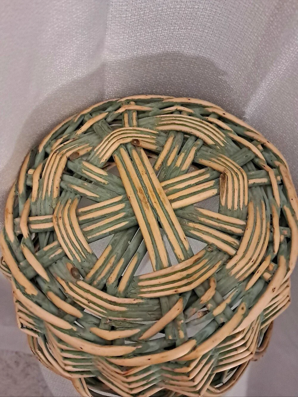 Vintage Large Handwoven Wicker Basket Green & Natural Twisted Handle Cottagecore